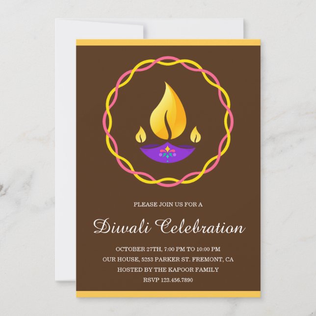 Invitación Elegante Fiesta Diwali Marrón de la Luz Diya India (Anverso)