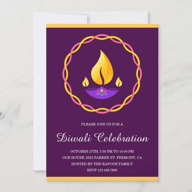 Invitación Elegante Fiesta diwali morado de la lámpara india (Anverso)