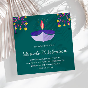 Invitación Elegante Fiesta Diwali Verde azulado de la lámpara