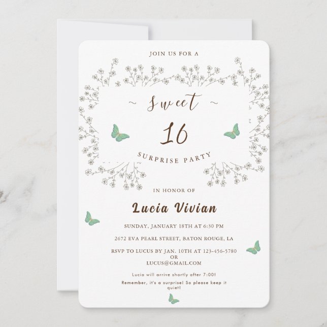 Invitación Elegante Fiesta Dorado Floral Sweet 16 Surprise (Anverso)