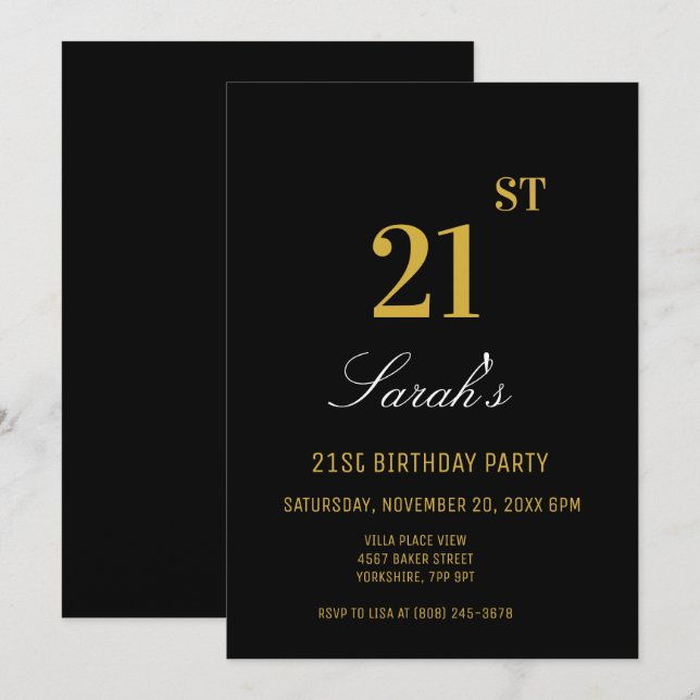 Invitación Elegante Fiesta elegante de 21 años, negro y oro (Anverso / Reverso)