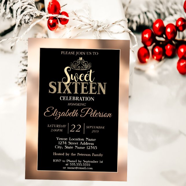 Invitación Elegante Fiesta elegante de oro Tiara Sweet 16 (Subido por el creador)