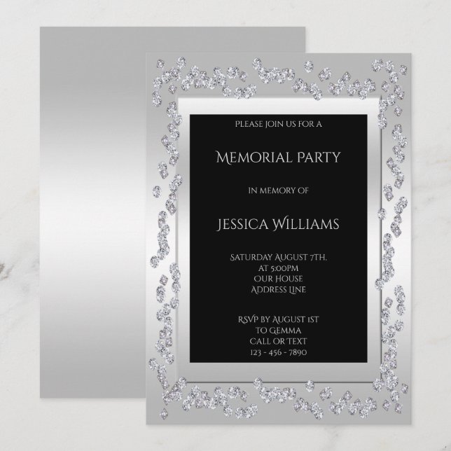 Invitación Elegante Fiesta en memoria de diamantes plateados (Anverso / Reverso)