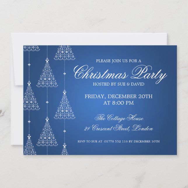 Invitación Elegante Fiesta Feliz Árboles de Navidad Azul (Anverso)