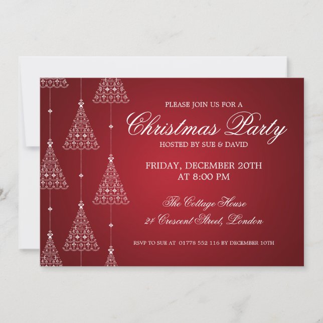 Invitación Elegante Fiesta Feliz Navidad Árboles Rojos (Anverso)