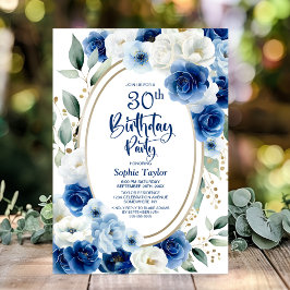 Invitación Elegante Fiesta Floral Azul 30 cumpleaños