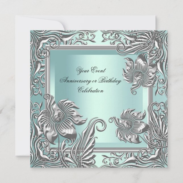 Invitación Elegante fiesta floral azul menta plateada (Anverso)
