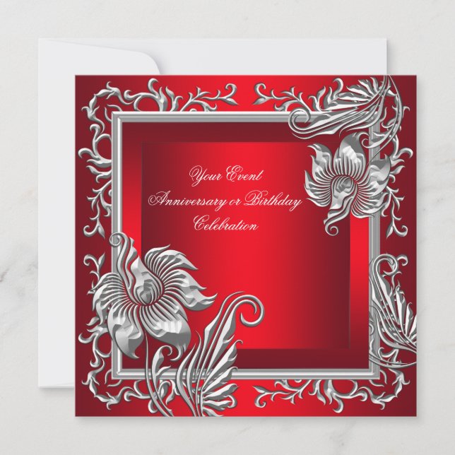 Invitación Elegante Fiesta floral de plata roja de Regal (Anverso)