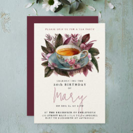 Invitación Elegante Fiesta Floral de Té en Burgundy Acuarela