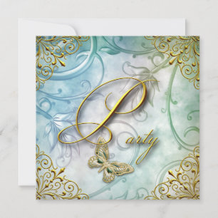 Invitación Elegante Fiesta Floral Mariposa Azul Turquesa Dora