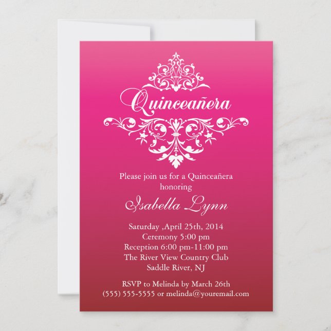 Invitación Elegante Fiesta Fuchsia Rosa Ombre Quinceañera (Anverso)
