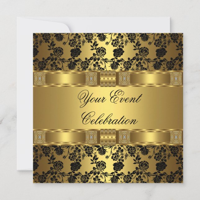 Invitación Elegante Fiesta Gold Black Floral (Anverso)