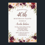 Invitación Elegante Fiesta Gold Burgundy Floral 40 cumpleaños<br><div class="desc">Más invitaciones florales de cumpleaños en la Pequeña Tienda Bayleigh!</div>