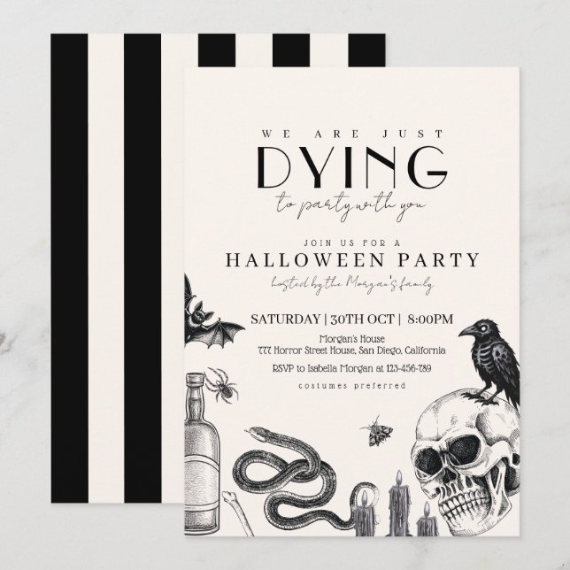 Invitación Elegante fiesta gótica de Halloween con cráneos (Anverso / Reverso)
