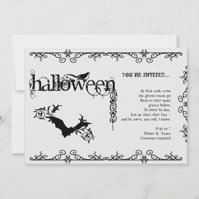 Invitación Elegante fiesta gótica de Halloween en blanco y ne (Anverso)