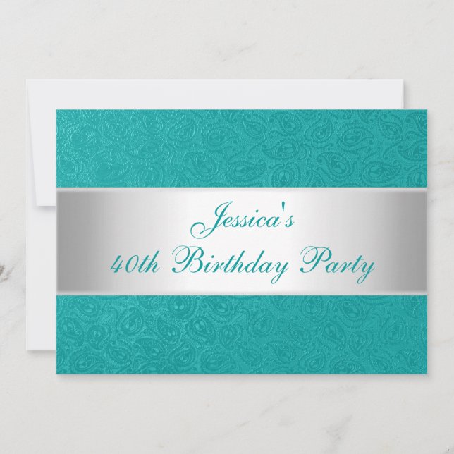 Invitación Elegante Fiesta Grabado en relieve Verde Paisley B (Anverso)