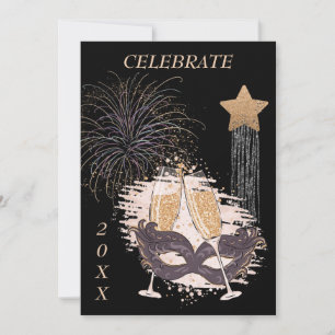 Invitación Elegante Fiesta I de Vidrio de Champagne y Máscara