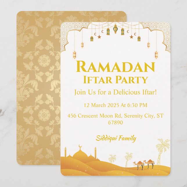 Invitación Elegante Fiesta Iftar de Ramadán de Oro (Anverso / Reverso)