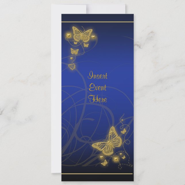 Invitación Elegante fiesta mariposa dorada floral azul negro (Anverso)