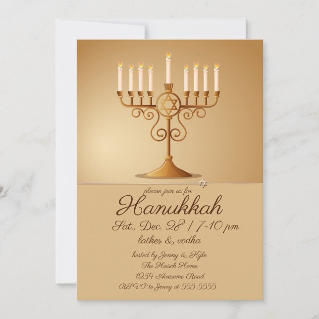 Invitación Elegante Fiesta Menorah Hanukkah Golden (Anverso)