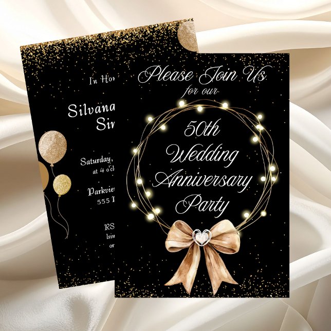 Invitación Elegante Fiesta Moderna de Aniversario Número 50 d (Elegant Modern 50th Anniversary Party Gold Black Invitation)