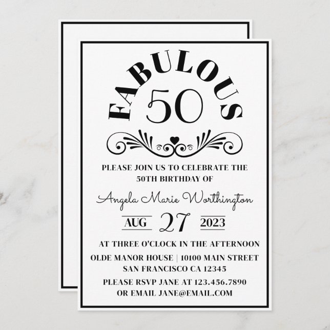 Invitación Elegante Fiesta Moderna Negra Blanca Fabulosa Cinc (Anverso / Reverso)