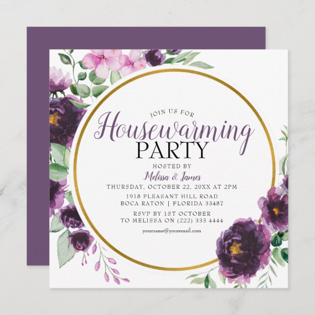 Invitación Elegante Fiesta morado floral de la casa (Anverso / Reverso)