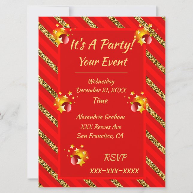 Invitación Elegante Fiesta Navidad de franjas de Purpurina ro (Anverso)