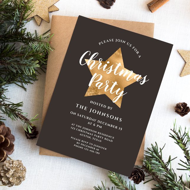 Invitación Elegante Fiesta Navidad Estrella Dorada Marrón (Elegant Brown Gold Star Christmas Party Invitation)