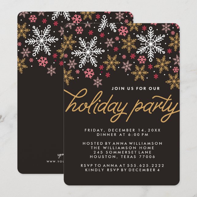 Invitación Elegante fiesta navideña con copos de nieve (Anverso / Reverso)