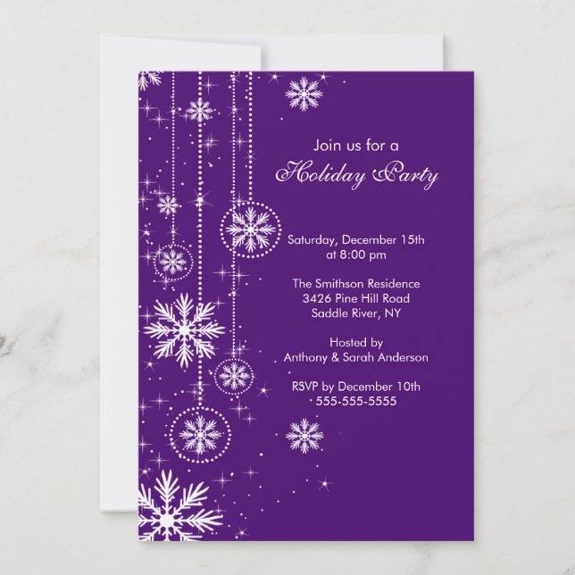 Invitación Elegante fiesta navideña con copos de nieve (Anverso)