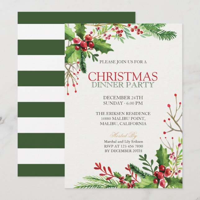 Invitación Elegante fiesta navideña de Navidades verdes| Invi (Anverso / Reverso)