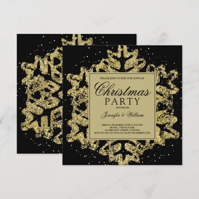 Invitación Elegante fiesta navideña de Purpurina dorado y neg (Anverso / Reverso)