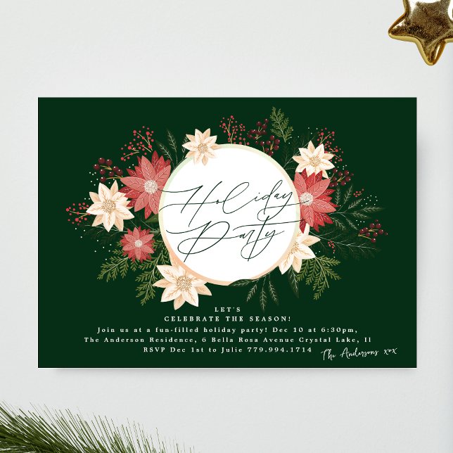 Invitación Elegante fiesta navideña Poinsettia Wreath Green (Subido por el creador)