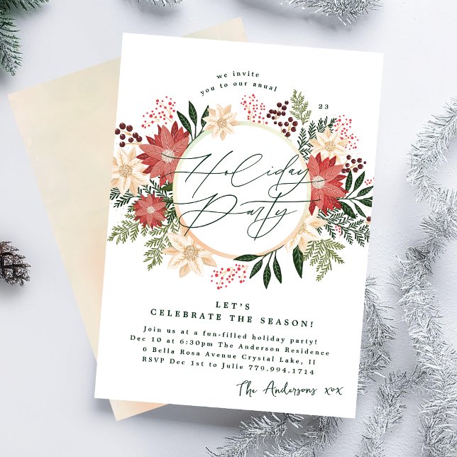Invitación Elegante fiesta navideña Poinsettia Wreath Splendo (Subido por el creador)