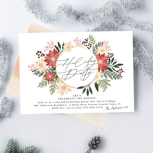 Invitación Elegante fiesta navideña Poinsettia Wreath Splendo (Subido por el creador)
