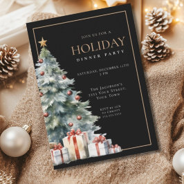 Invitación Elegante Fiesta Negra Dorada Cena de Navidad