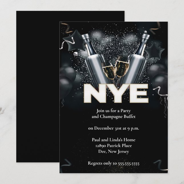 Invitación Elegante Fiesta negro de Año Nuevo (Anverso / Reverso)