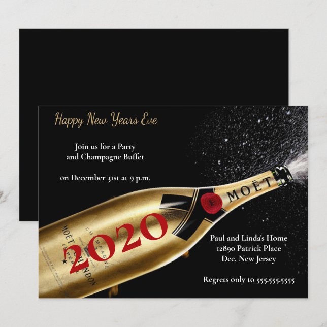 Invitación Elegante Fiesta negro de champaña de Año Nuevo (Anverso / Reverso)