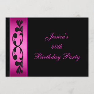 Invitación Elegante Fiesta negro floral rosado caliente