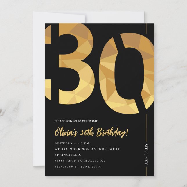 Invitación Elegante Fiesta negro y dorado 30 cumpleaños (Anverso)