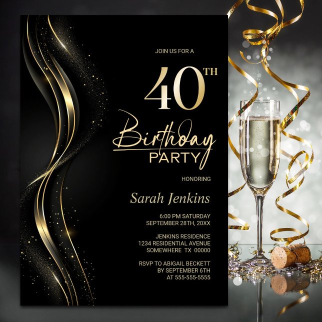Invitación Elegante Fiesta negro y oro de 40 años (Subido por el creador)