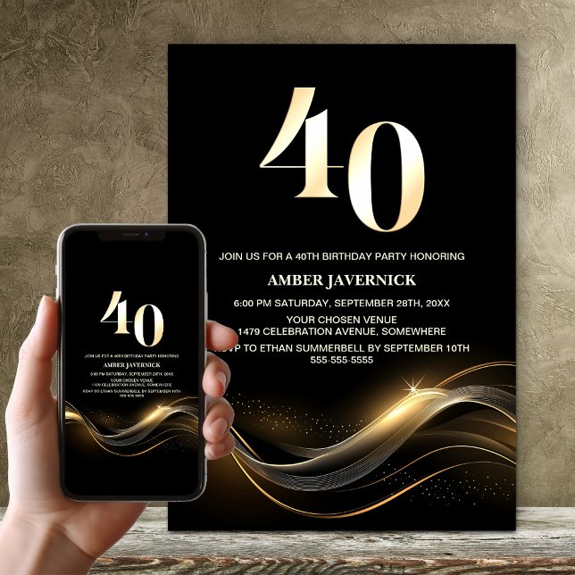 Invitación Elegante Fiesta negro y oro de 40 años (Subido por el creador)