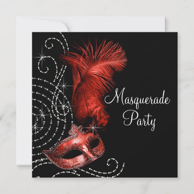 Invitación Elegante Fiesta negro y rojo de la mascarada (Anverso)