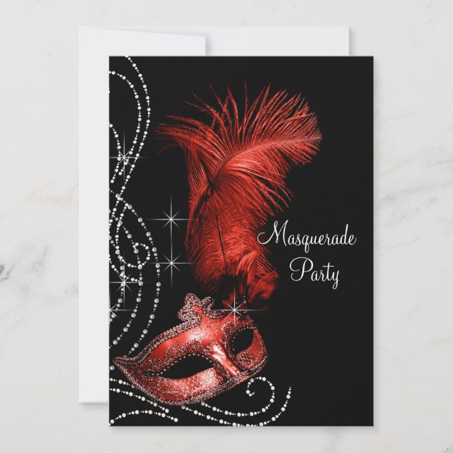 Invitación Elegante Fiesta negro y rojo de la mascarada (Anverso)