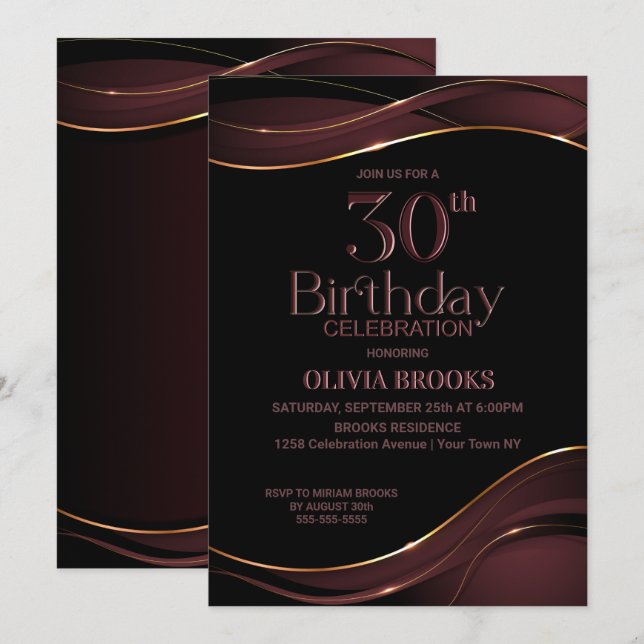 Invitación Elegante Fiesta negro y rosado con 30 años (Anverso / Reverso)