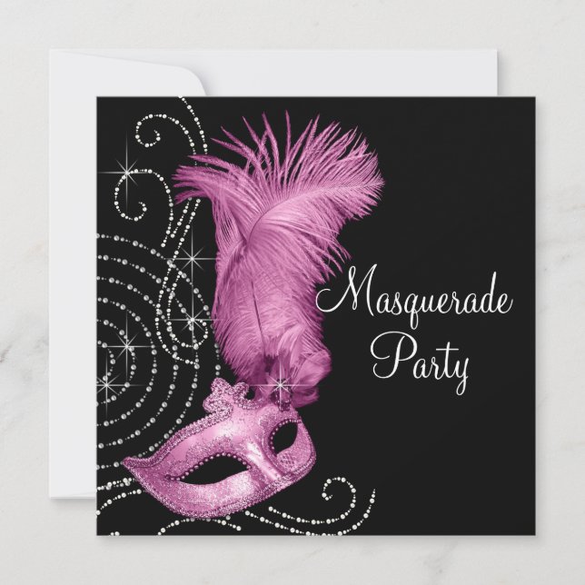 Invitación Elegante Fiesta negro y rosado de la mascarada (Anverso)