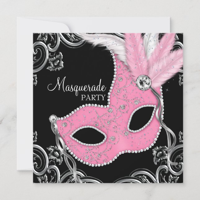 Invitación Elegante Fiesta negro y rosado de la mascarada (Anverso)
