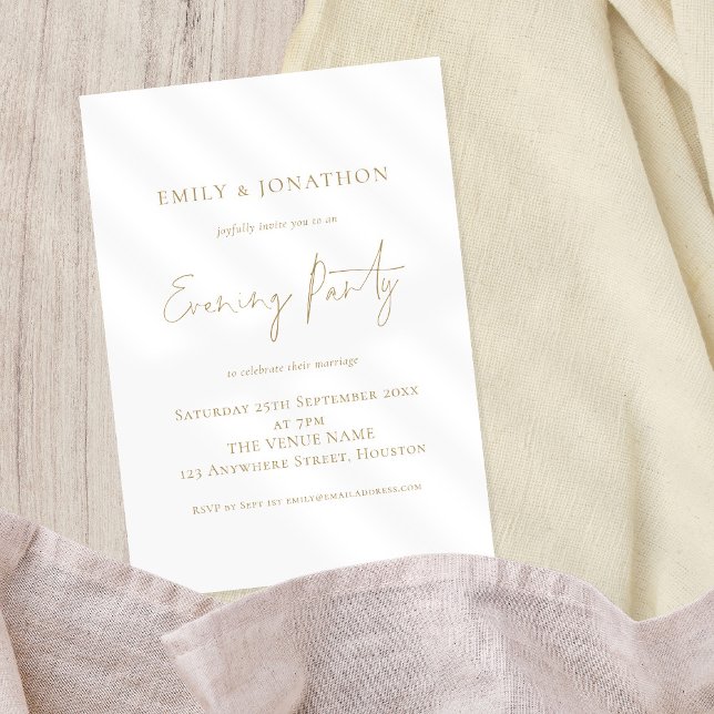 Invitación Elegante Fiesta nocturno de Boda con guión dorado (For your evening guests, an elegant design with gold script available digitally or printed.)