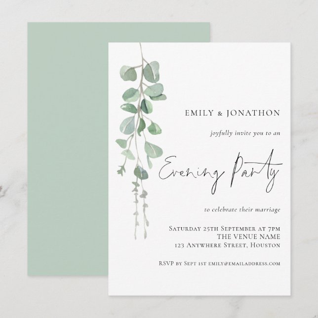 Invitación Elegante Fiesta nocturno de Eucalyptus Boda (Anverso / Reverso)